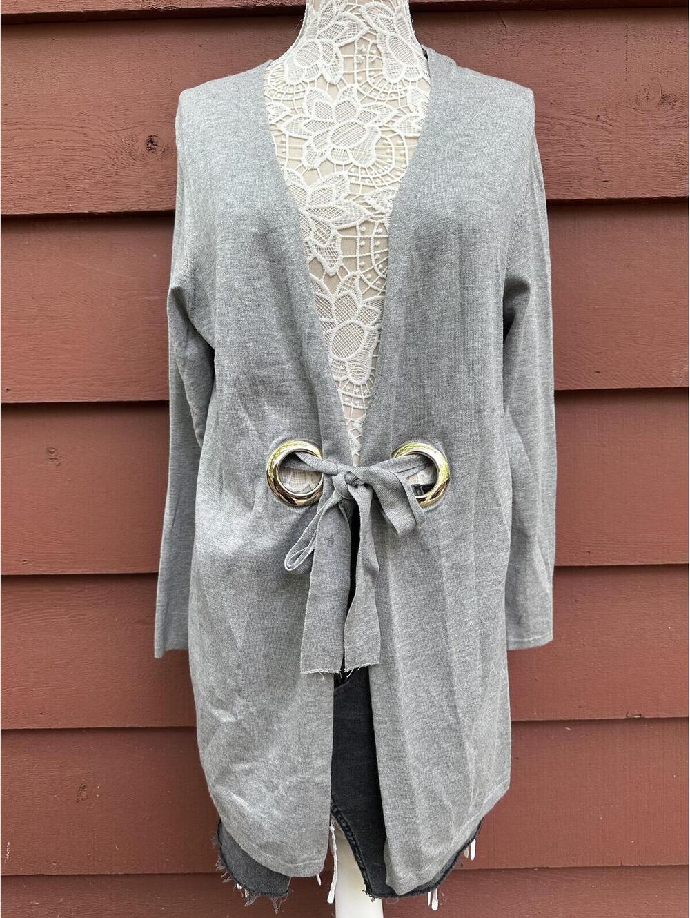 Cocobleu Gray‎ Tie Front Open Cardigan with Silver Ring Detail Y2K Fairycore